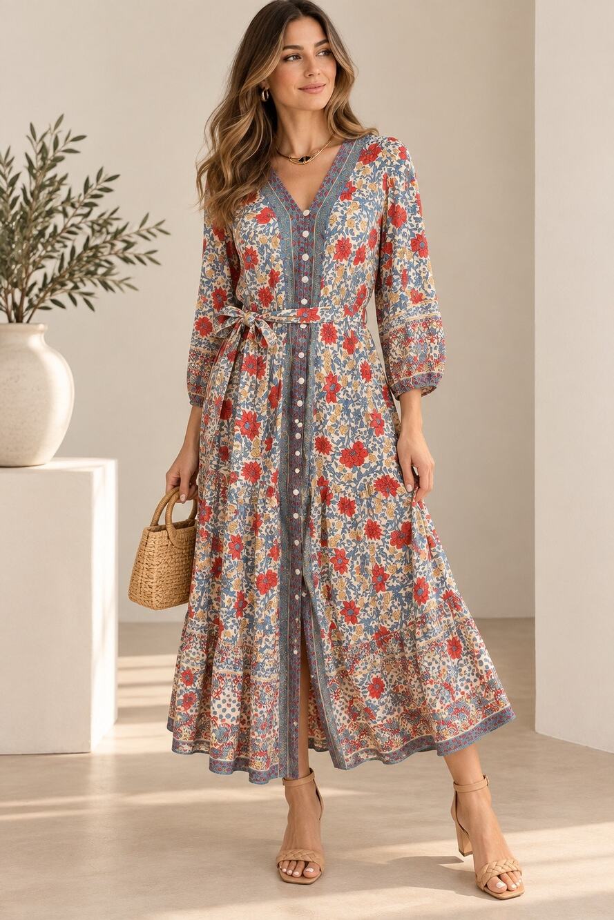 Women’s Size L 12/14 Floral Boho Midi Dress Rayon Button Front Puff Sleeve NWOT